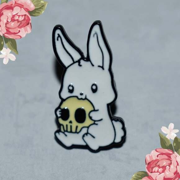 Jewelry - Cute Little Bunny Rabbit With Skull Goth Enamel Pin